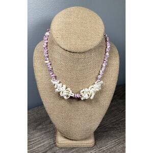 Vintage Beachy Handmade Cut Shell Necklace Surfer Purple White 15.75”